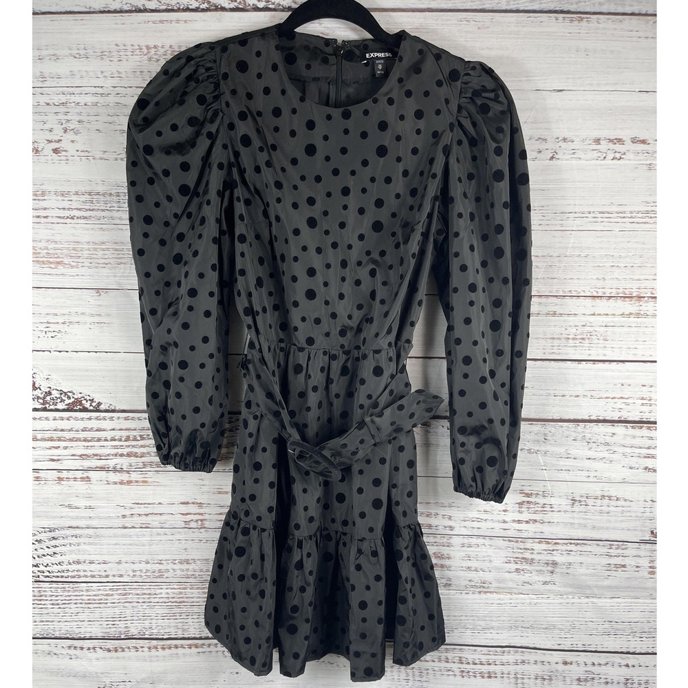 Express Dress Women's XS Petite Black Polka Dot Puff Sleeve Belted Party Mini